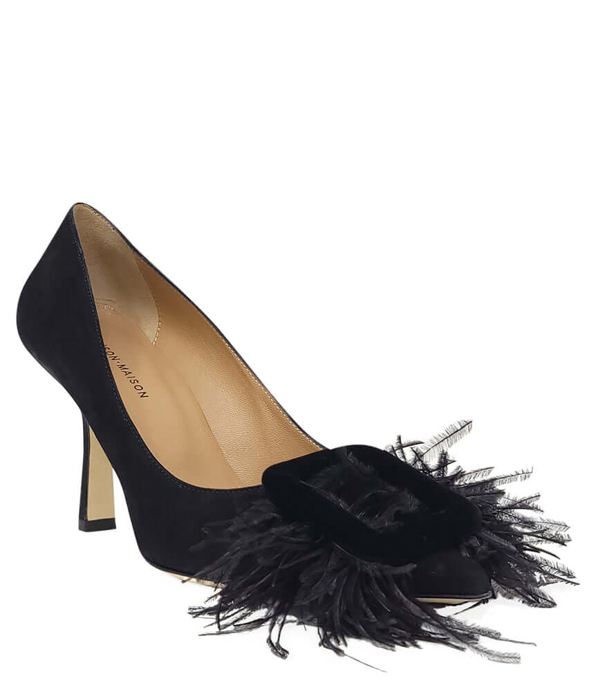 Black Suede Feather Trim Pump