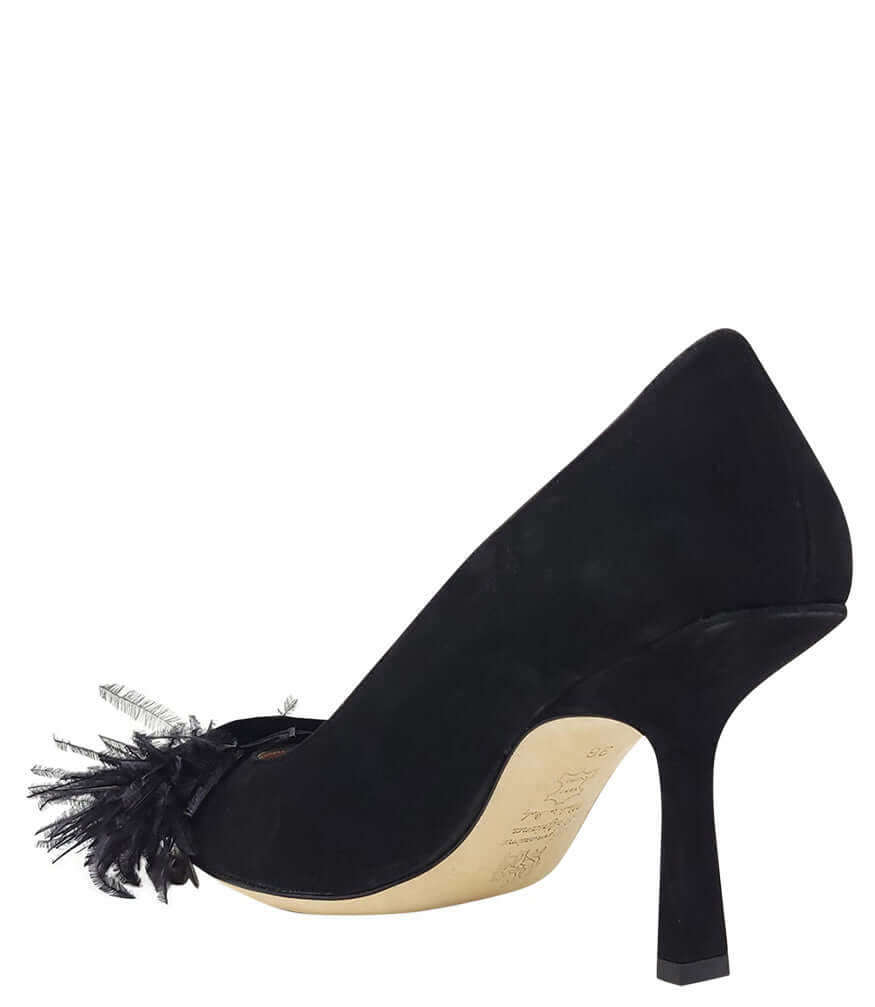Black Suede Feather Trim Pump