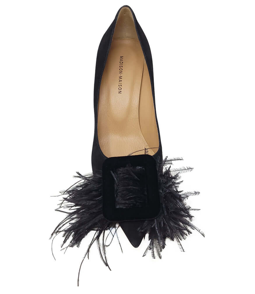 Black Suede Feather Trim Pump